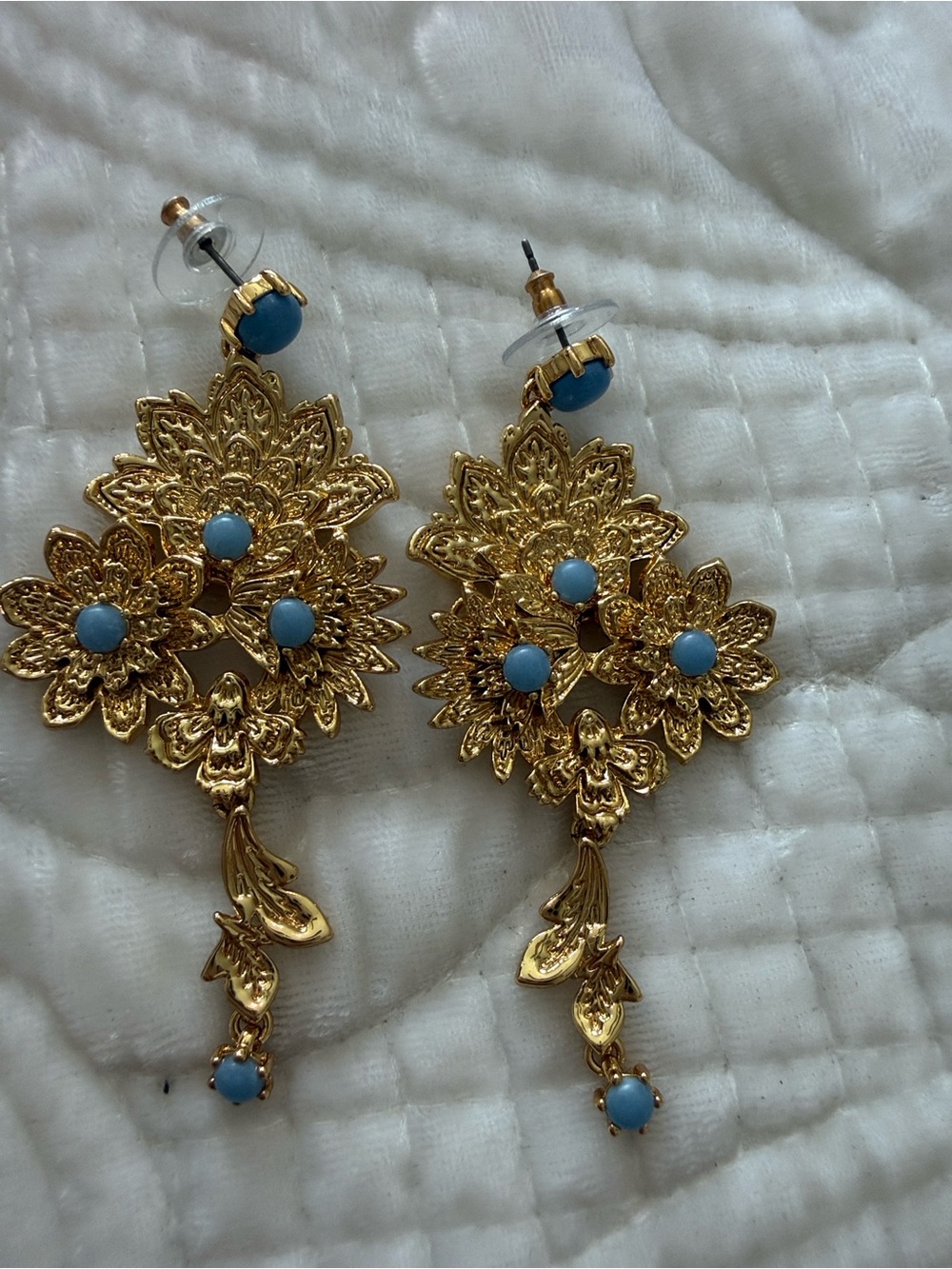 Gold & Blue Floral Drop Earrings Like New